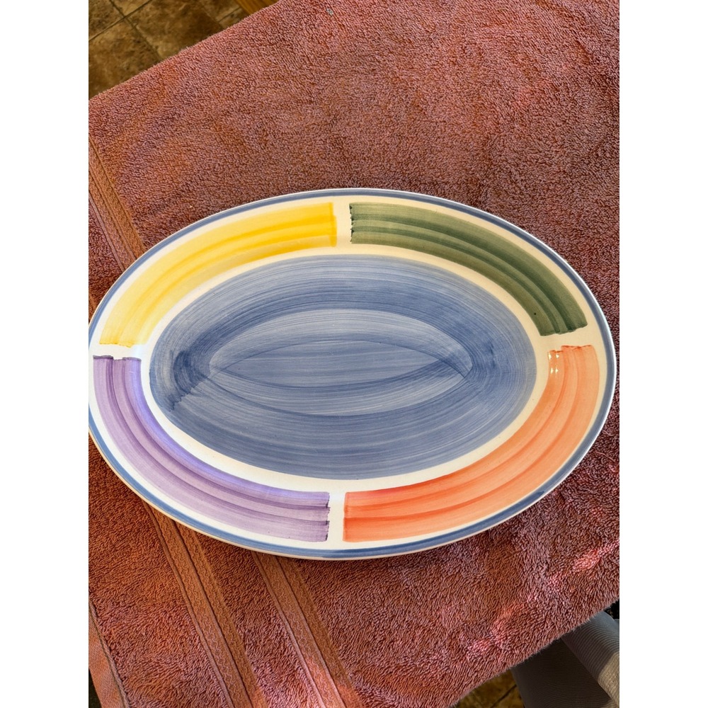 Belagio Ceramic Oval Serving Platter Multi-Color Brushstroke 13.5 Inch Rainbow